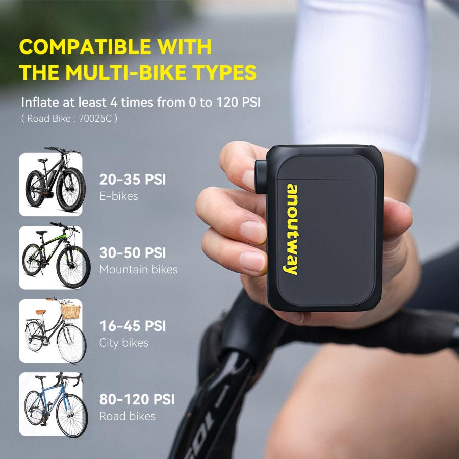Pocket-sized Anoutway AT1 Max e-pump with Presta and Schrader nozzle