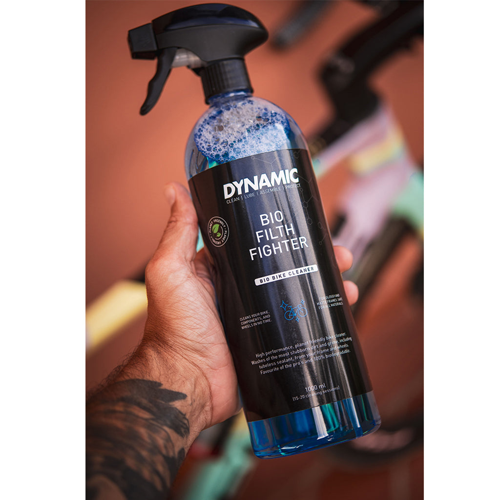 Close-up of Dynamic Bio Filth Fighter label highlighting "Carbon Safe"