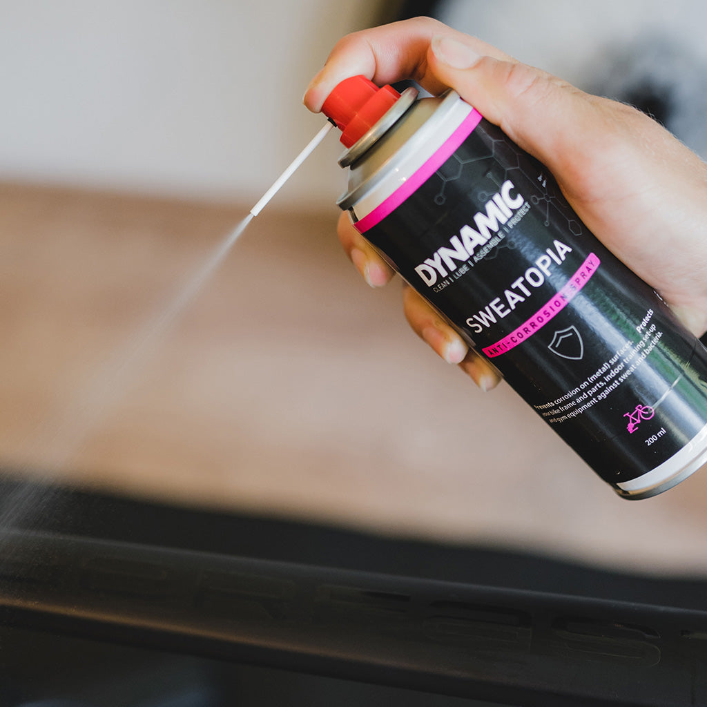 Dynamic Sweatopia spray is designed to prevent rust and moisture damage on bike trainers and gym equipment.

