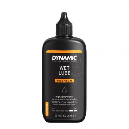 This image shows a 100ml bottle of Dynamic Wet Lube, ideal for protecting your bike chain in wet and muddy conditions.