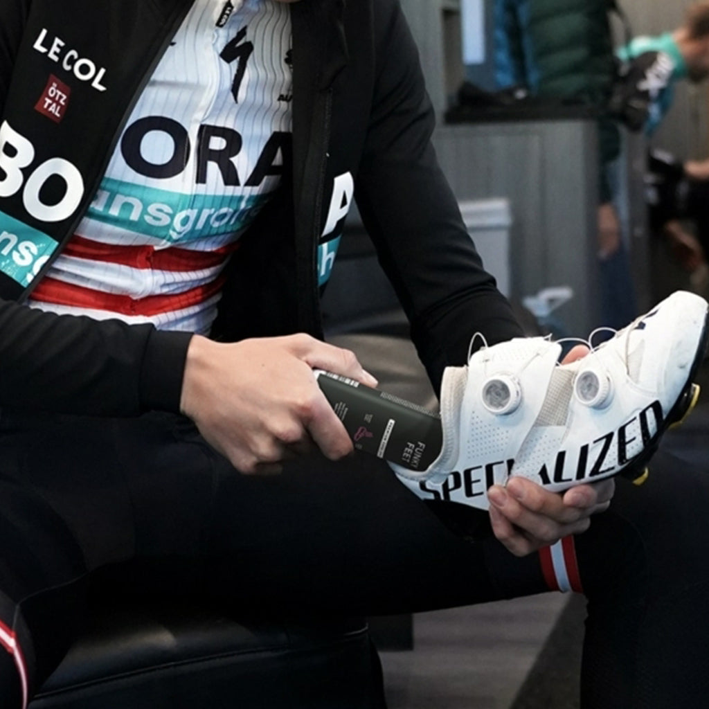 Dynamic Funky Feet Premium Shoe Spray (150ml), essential for keeping cycling footwear fresh and hygienic after rides.

