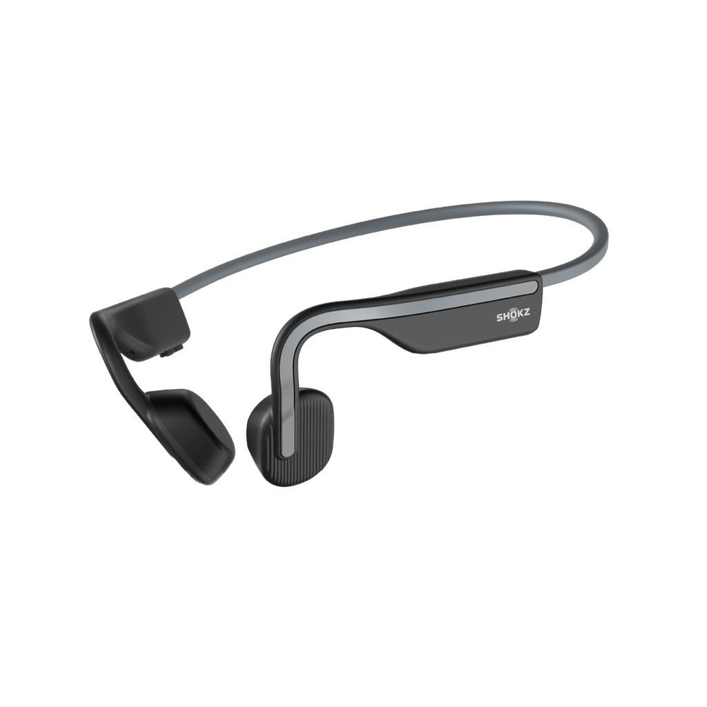 Shokz OpenMove Grey bone conduction headphones, front product shot on white background.