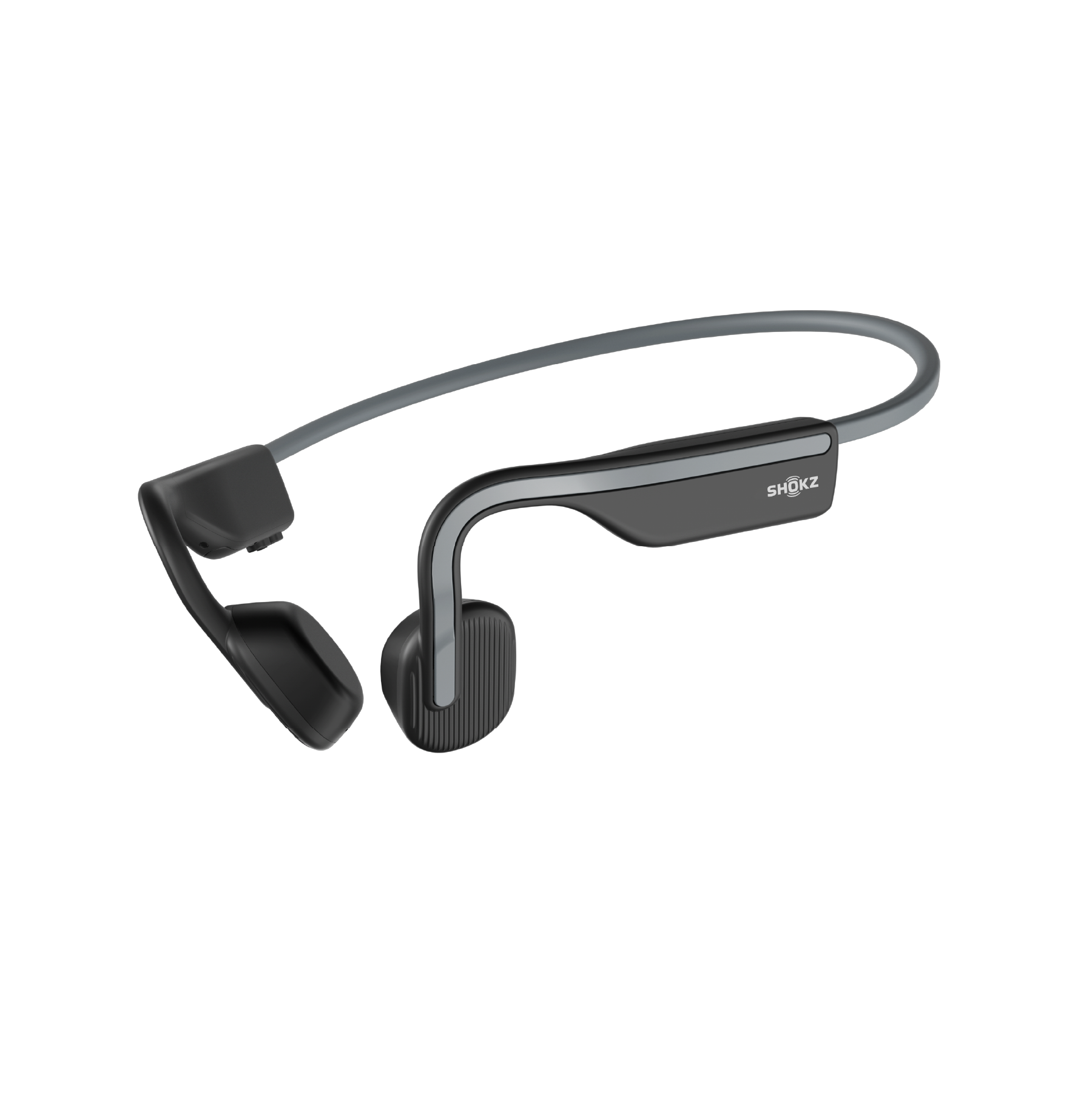 Shokz OpenMove Grey bone conduction headphones, front product shot on white background.