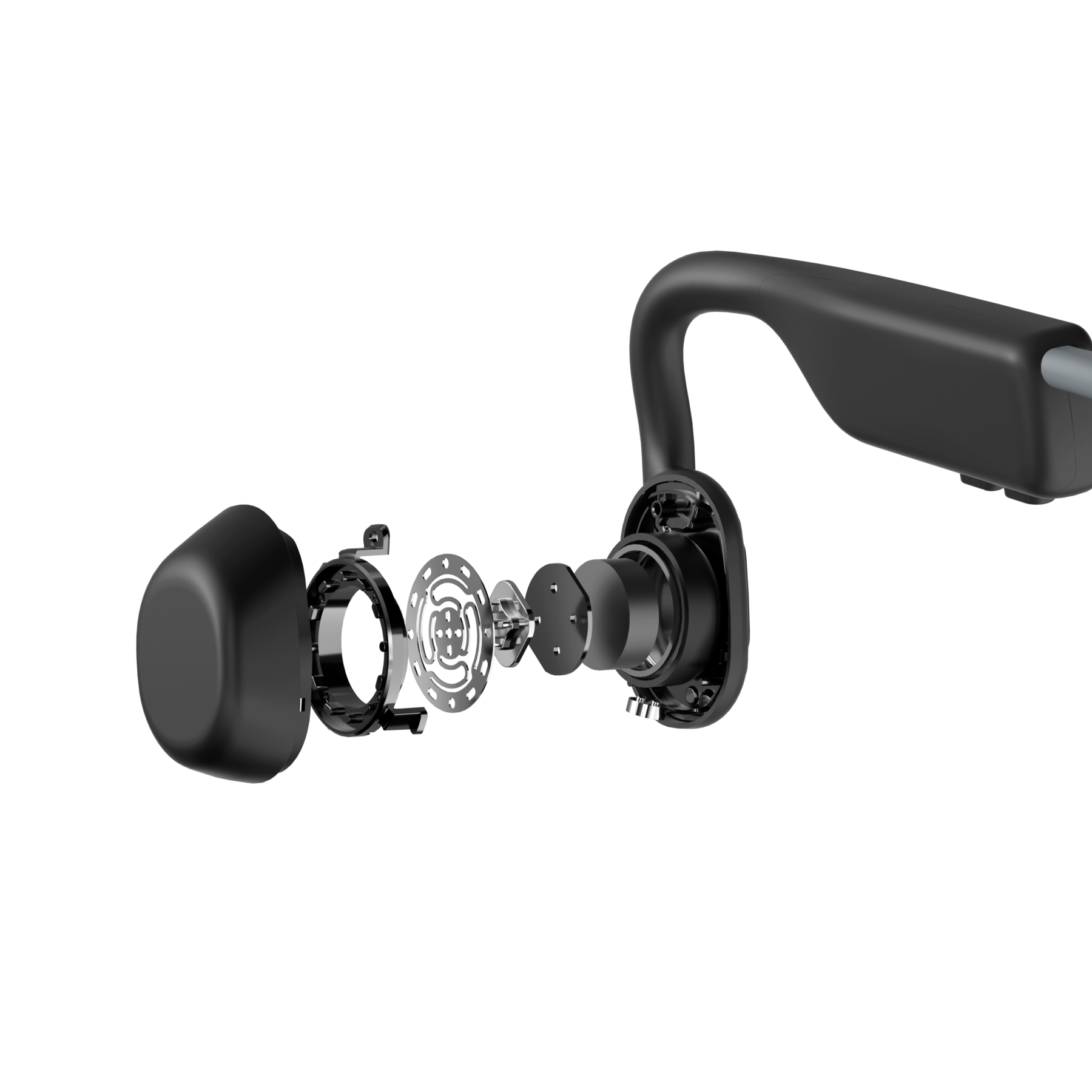 Close-up of the Shokz OpenMove Grey titanium headband and earhook design.