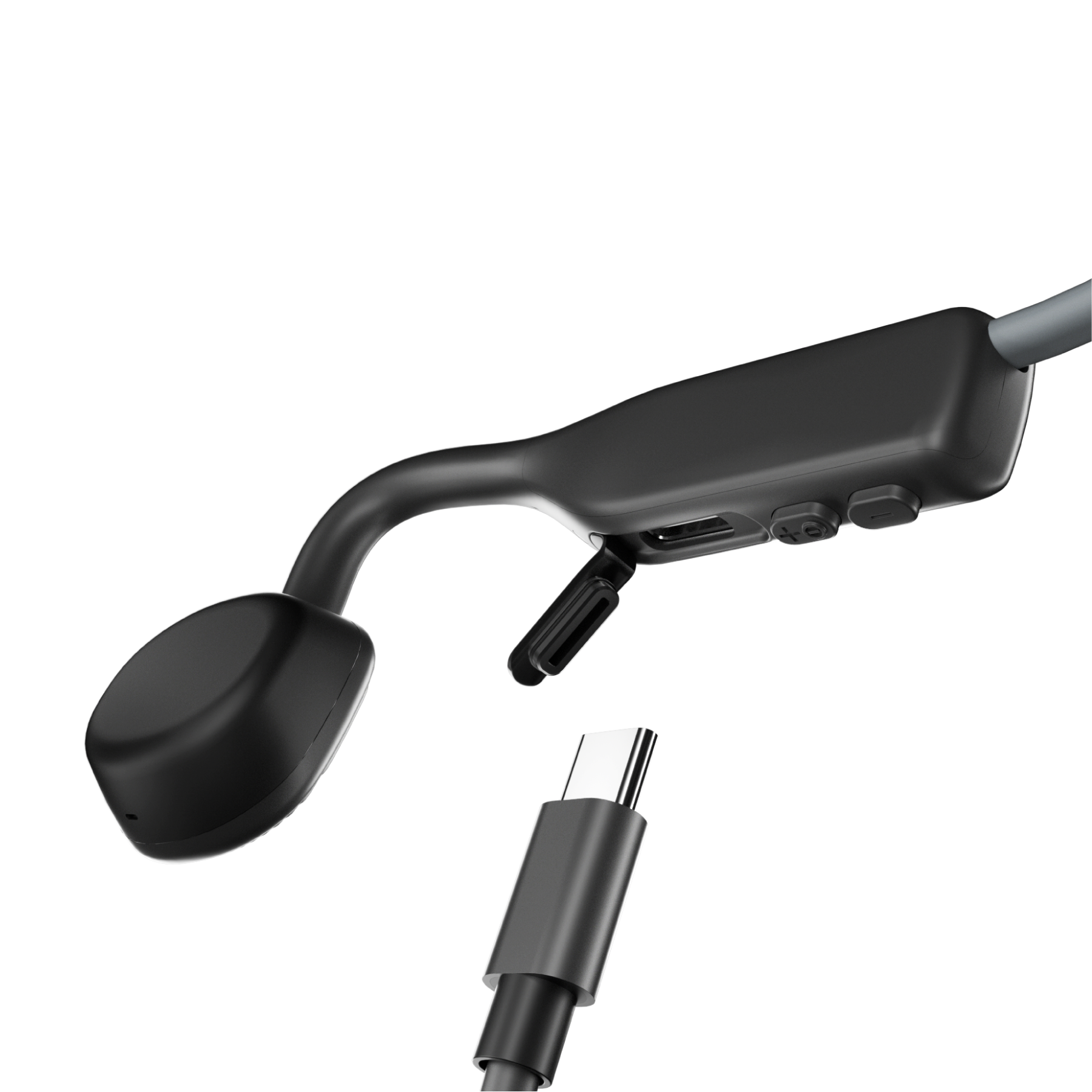 Shokz OpenMove Grey bone conduction headphones with USB-C charging cable.