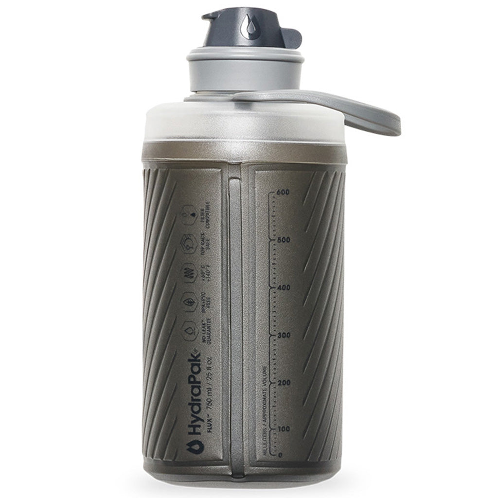 Side view of Hydrapak 750ml bottle standing upright  hard bottle feel, soft flask flexibility.

