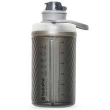 Side view of Hydrapak 750ml bottle standing upright  hard bottle feel, soft flask flexibility.

