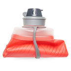 Rolled-up Hydrapak Flux 750ml Redwood bottle demonstrating its packability.
