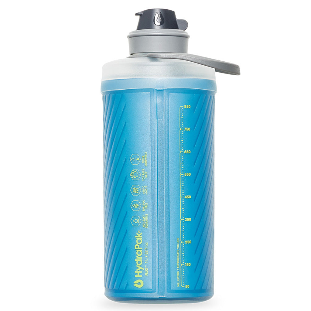 Angled view of the Hydrapak Flux 1L bottle showing its flexible design in Tahoe Blue.
