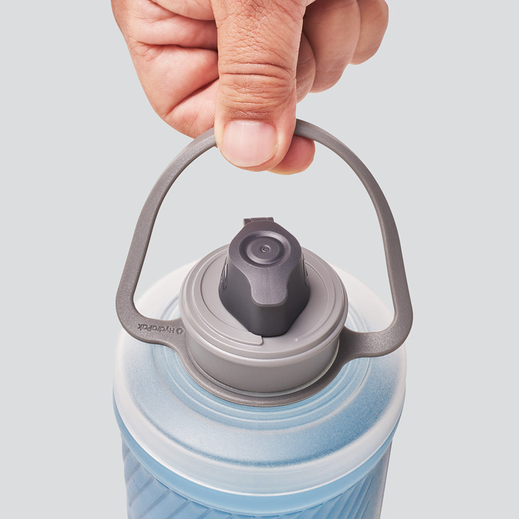 Tahoe Blue 750ml Hydrapak Flux Bottle Showing the Bail Handle.
