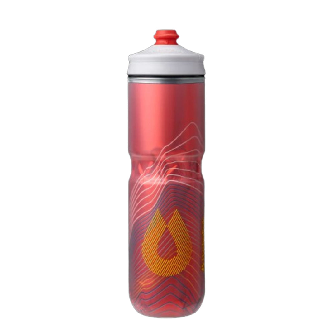 Red Hydrapak Polar Surge water bottle in bike cage