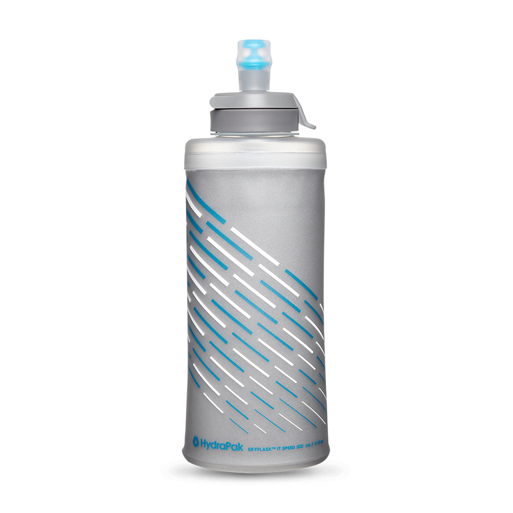 "Flexible Hydrapak Skyflask IT Speed insulated bottle (500ml) demonstrating its packability."
