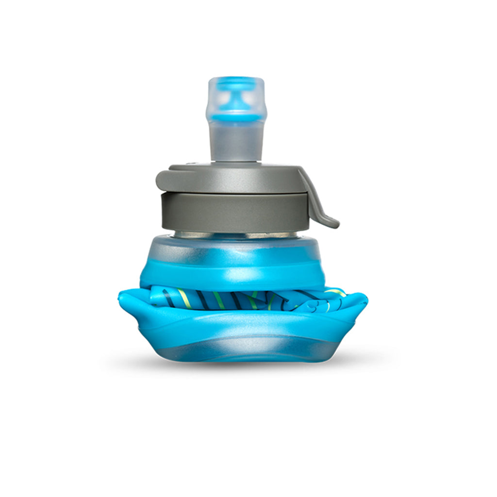 The Hydrapak Skyflask Speed 350ml in Malibu Blue, shown in a folded or partially folded state for compact storage