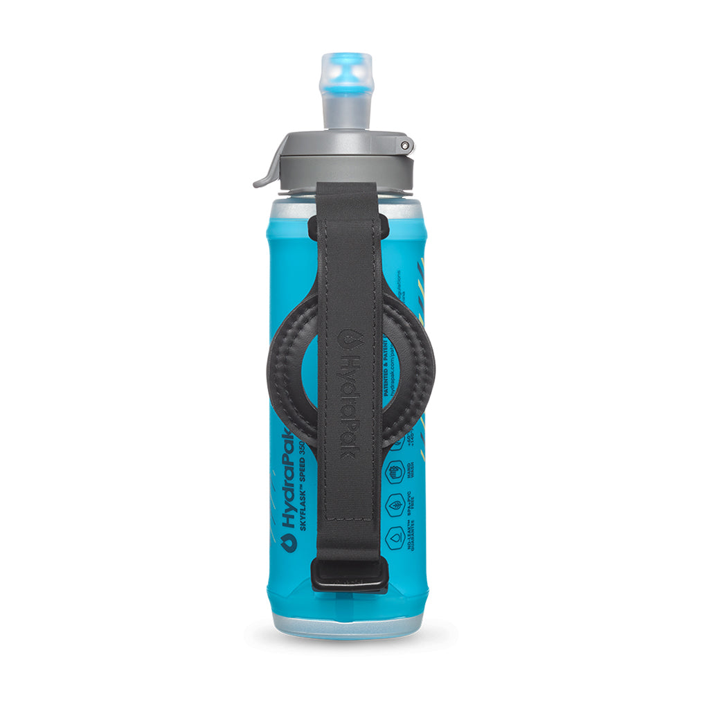 Malibu Blue Hydrapak Skyflask Speed 350ml bottle, highlighting its comfortable and easy-to-grip handle
