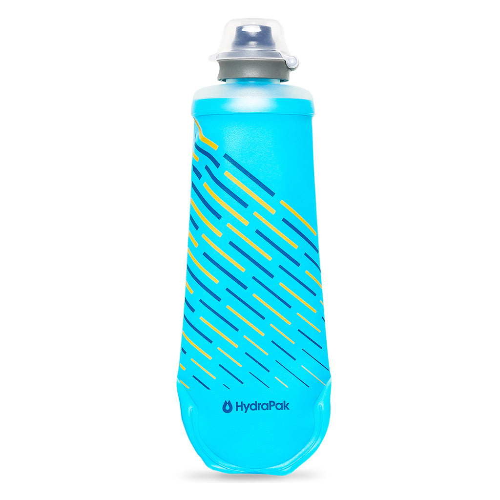 Stylish Malibu Blue Hydrapak Softflask (250ml) shown folded, highlighting its compact form and vibrant color.