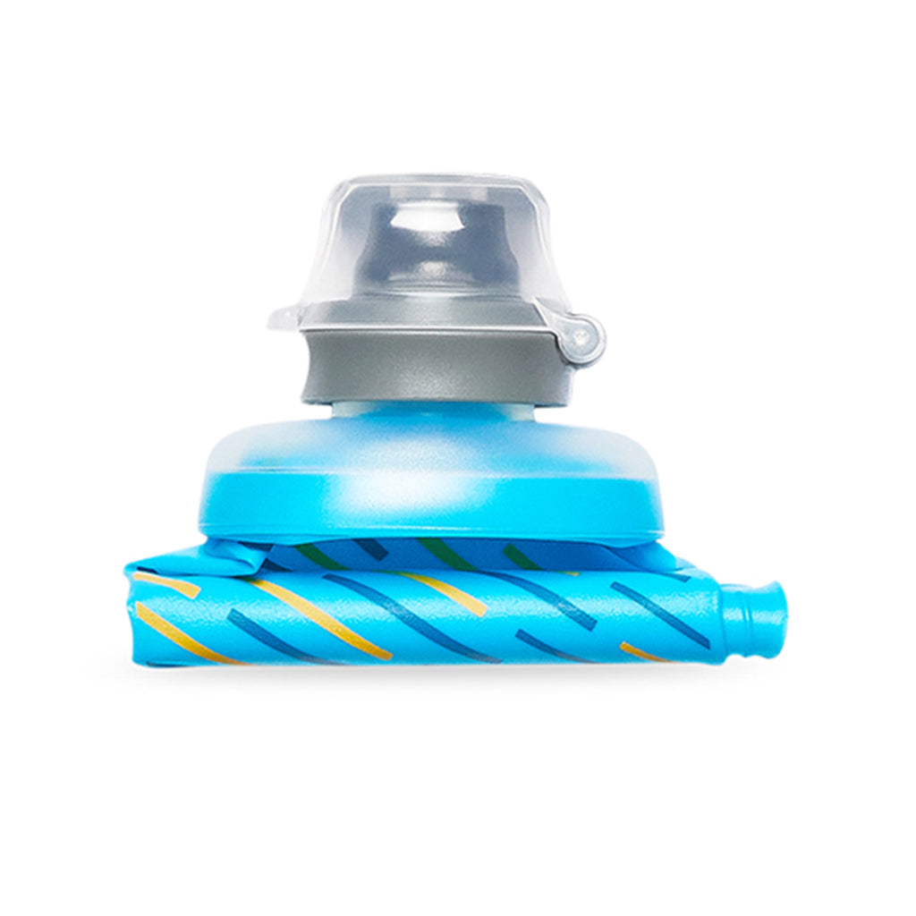 Demonstrating the flexible material of the 250ml Malibu Blue Hydrapak Softflask as it's squeezed or bent.