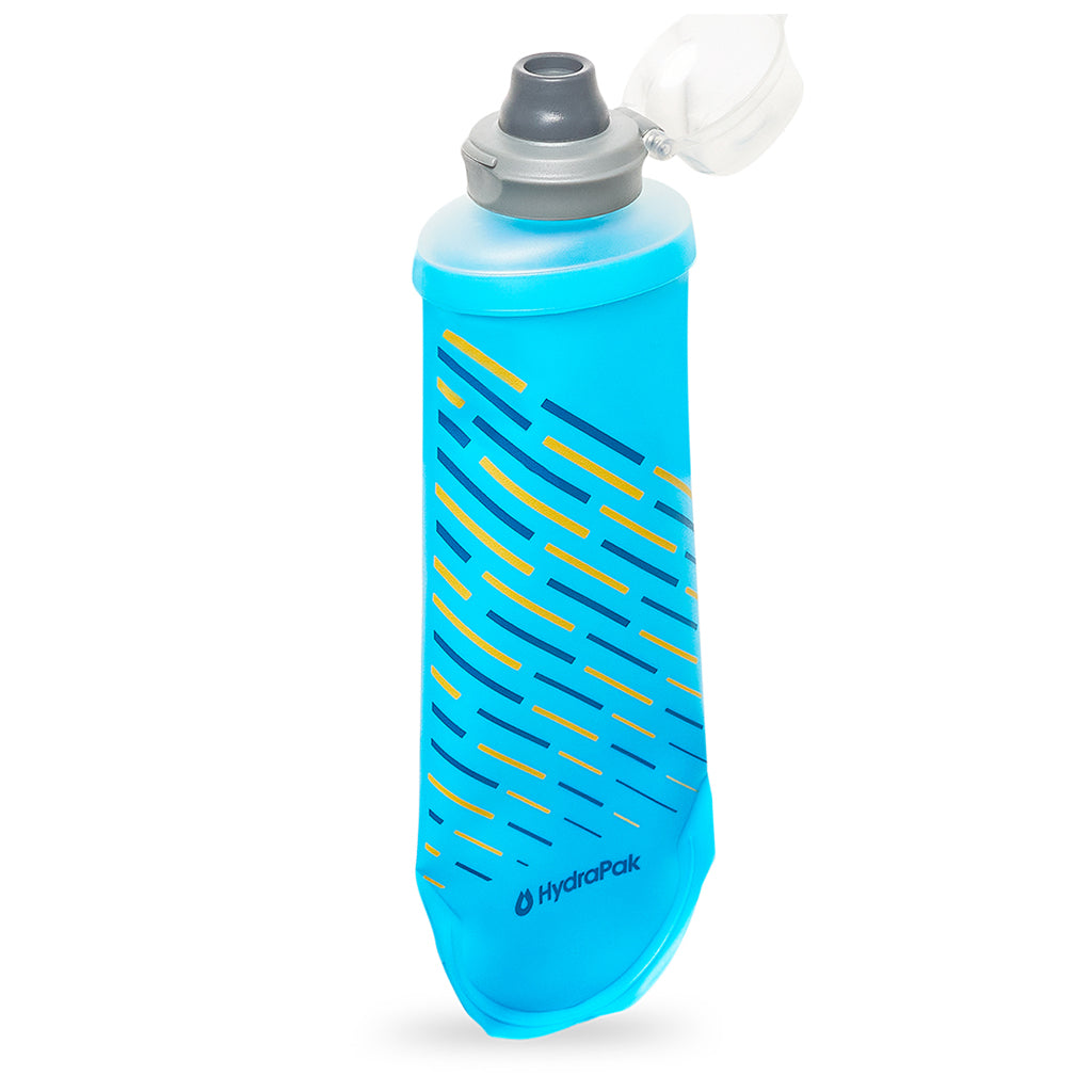 The portable 250ml Hydrapak Softflask in Malibu Blue, emphasizing its ease of carrying and attractive appearance.