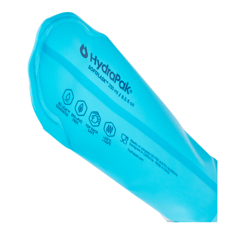 Back view of the 250ml Malibu Blue Hydrapak Softflask, illustrating its smooth surface and foldable structure.
