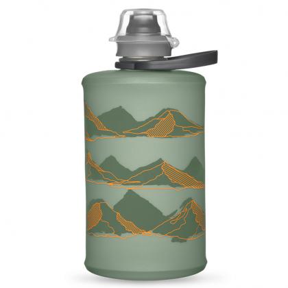 Sutro Green Hydrapak Stow Flexible Bottle, Mountain Edition, 350ml, showcasing its unique color and collapsible design.