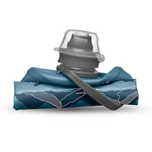 Tahoe Blue Hydrapak Stow 350ml flexible bottle, shown folded to emphasize its packable nature.