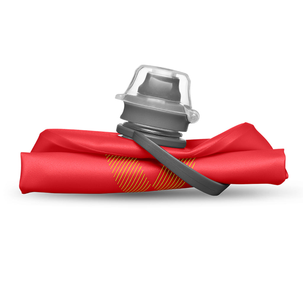 The Redwood Hydrapak Stow 500ml: demonstrating its easy-carry handle and compact, foldable design.