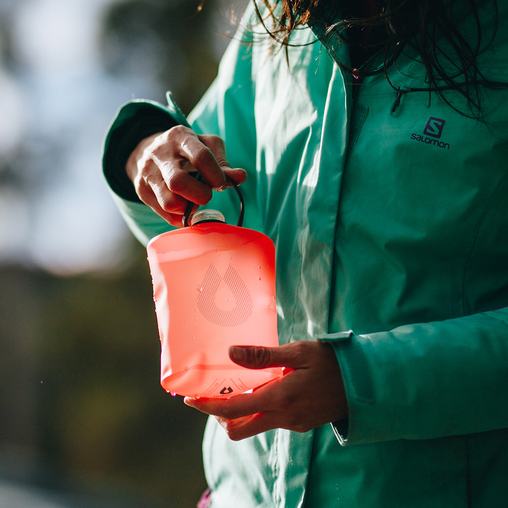 The stylish Redwood Hydrapak Stow, a 500ml flexible bottle designed for the modern adventurer.