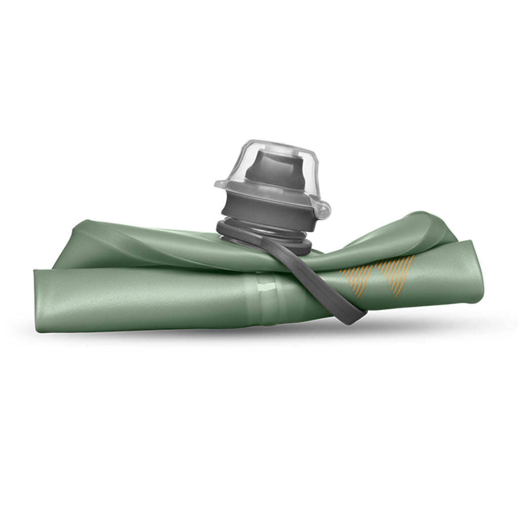 Sutro Green Hydrapak Stow 1 Liter bottle: both flexible for comfortable use and foldable for efficient packing.