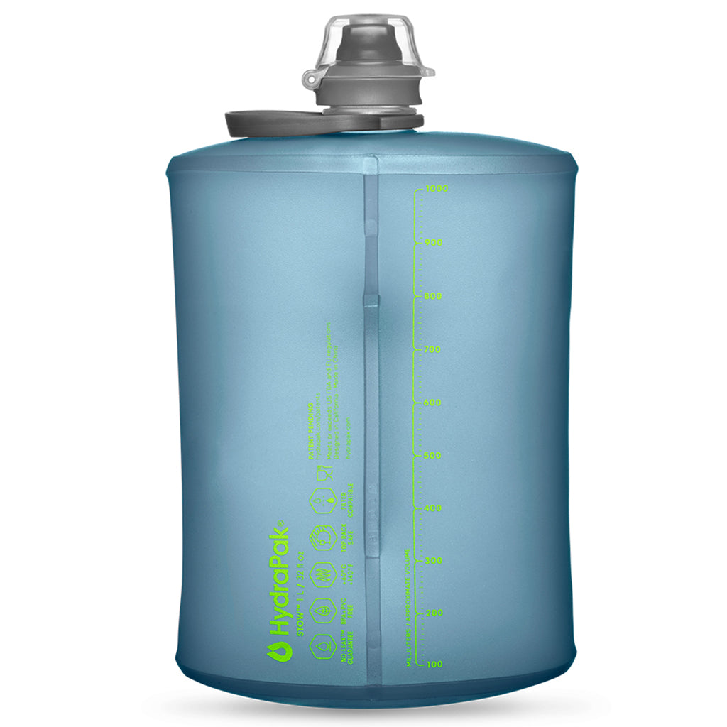 The 1-liter Tahoe Blue Hydrapak Stow with a visible measurement scale, allowing users to easily track their water intake.
