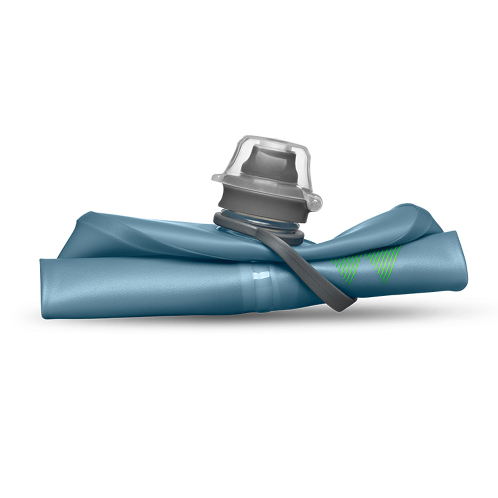 The foldable nature of the Tahoe Blue Hydrapak Stow 1L, highlighting its space-saving feature.