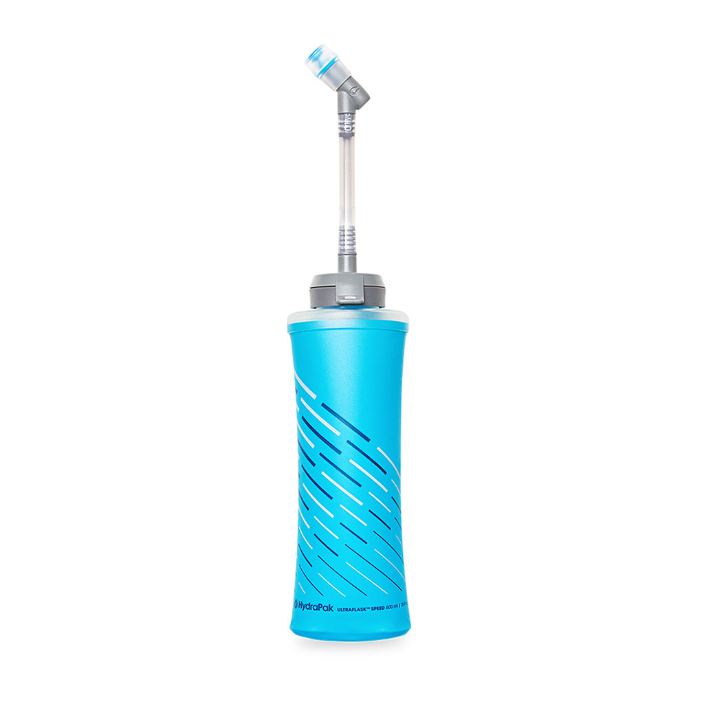 Highlighting the high-flow bite valve on the Hydrapak Ultraflask Speed 600ml, allowing for quick and efficient hydration with minimal effort.