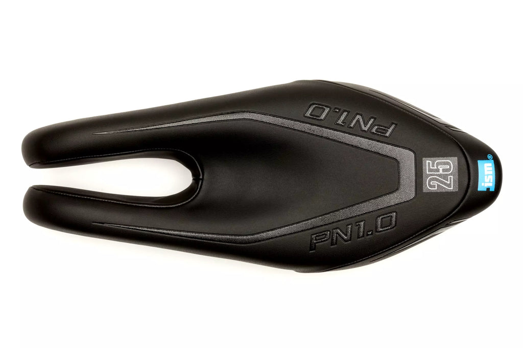  ISM PN 1.0 black saddle with a 110mm width, providing superior thigh and hamstring clearance for enhanced rider movement.