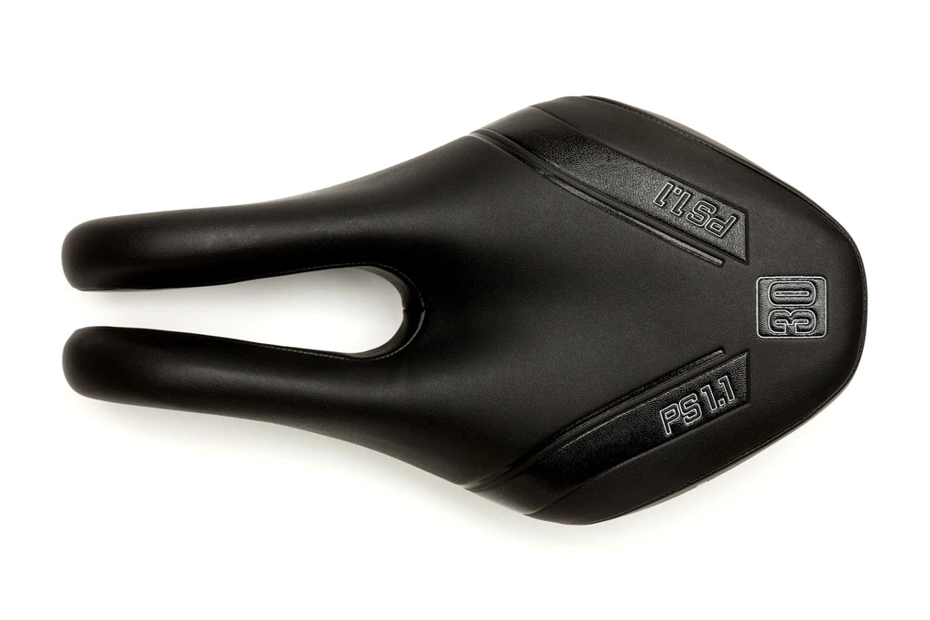 Black ISM PS 1.1 bike saddle, a comfortable and firm saddle with a unique, healthy design for triathlon and TT riders.