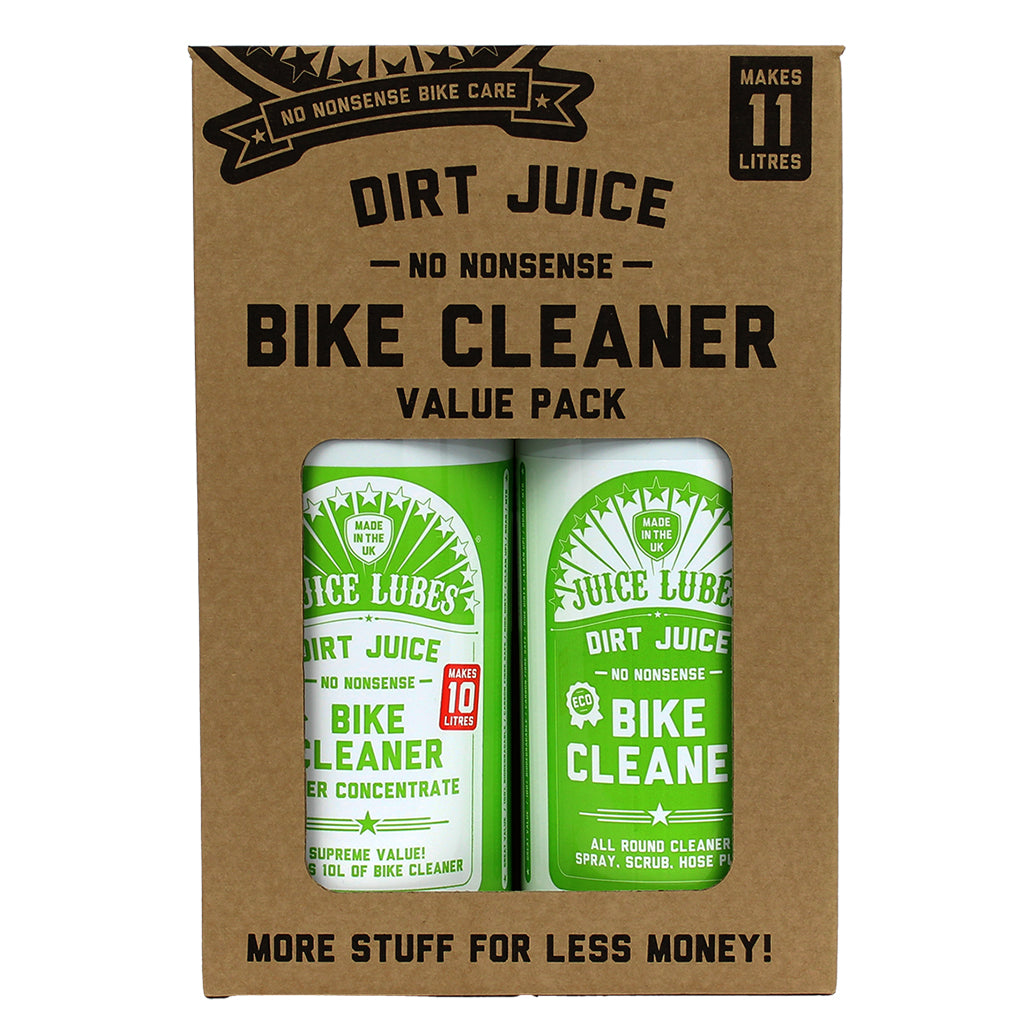 A close-up of the two bottles in the Juice Lubes Dirt Juice Double Pack, one with a foaming trigger and the other a concentrate, on a white background.