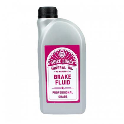 A white 1-litre bottle of Juice Lubes Mineral Oil Brake Fluid with a red cap, labeled clearly on a neutral background.

