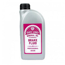 A white 1-litre bottle of Juice Lubes Mineral Oil Brake Fluid with a red cap, labeled clearly on a neutral background.

