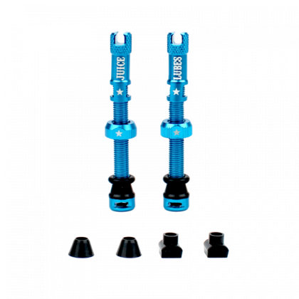 A pair of teal Juice Lubes tubeless valves (65mm) with their caps on, showcasing the vibrant color and sleek design against a clean background
