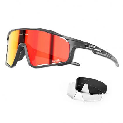 Kapvoe X76 sports sunglasses with interchangeable polarized lenses, anti-scratch PC material, and adjustable nose pads for outdoor activities.
