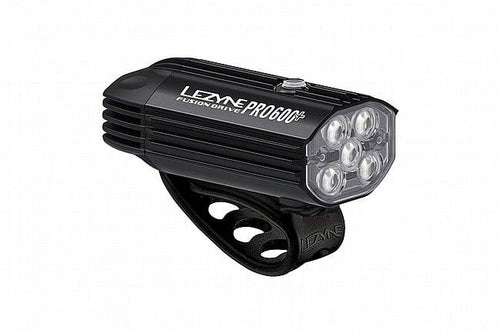 A close-up of the Lezyne Fusion Drive Pro 600+ light showing its durable aluminum body and button.
