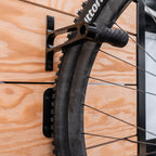 Lezyne CNC Alloy Wheel Hook installed on garage wall