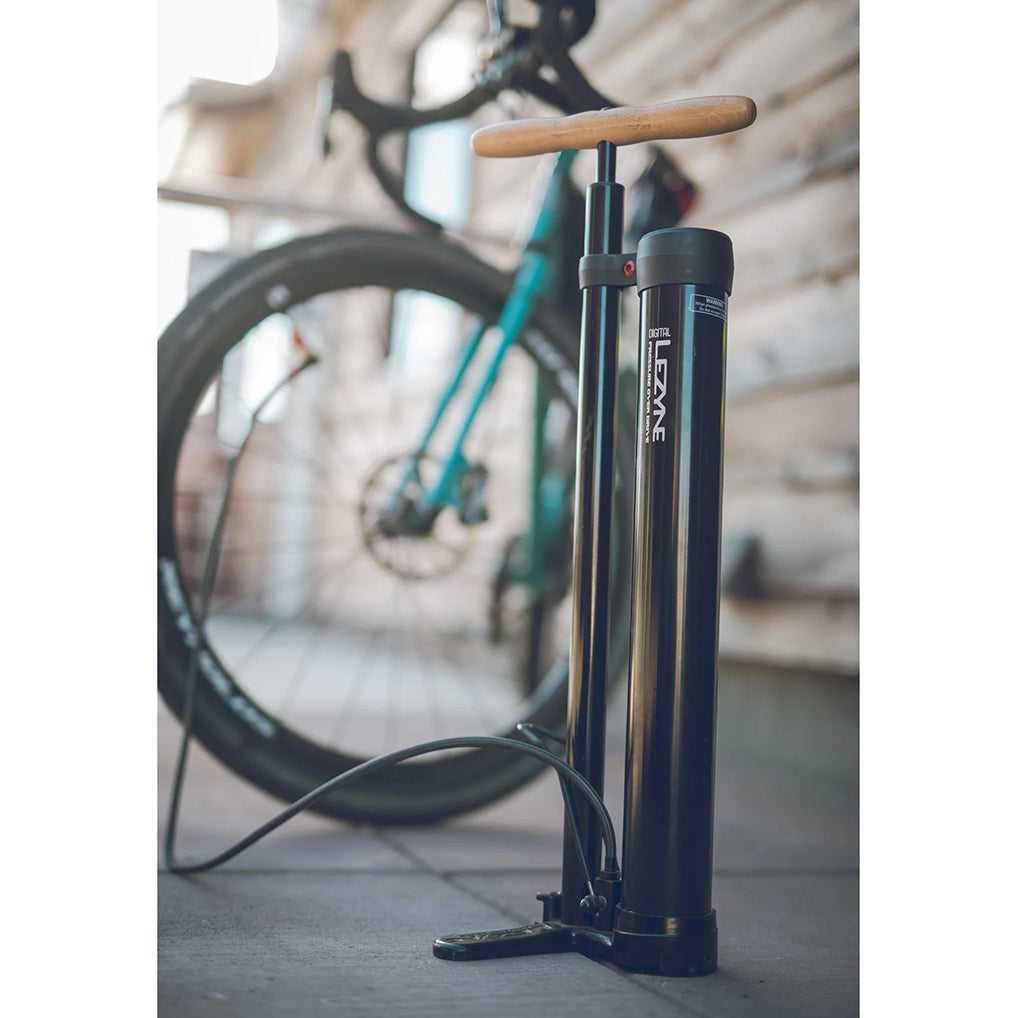 High-volume Lezyne pump with chambered design for tubeless tires