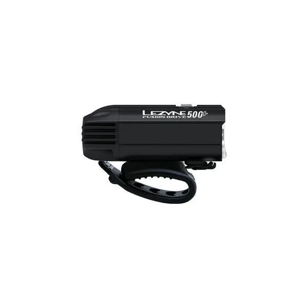 A Lezyne Fusion Drive 500+ front light highlighting its CNC-machined aluminum body and USB-C port