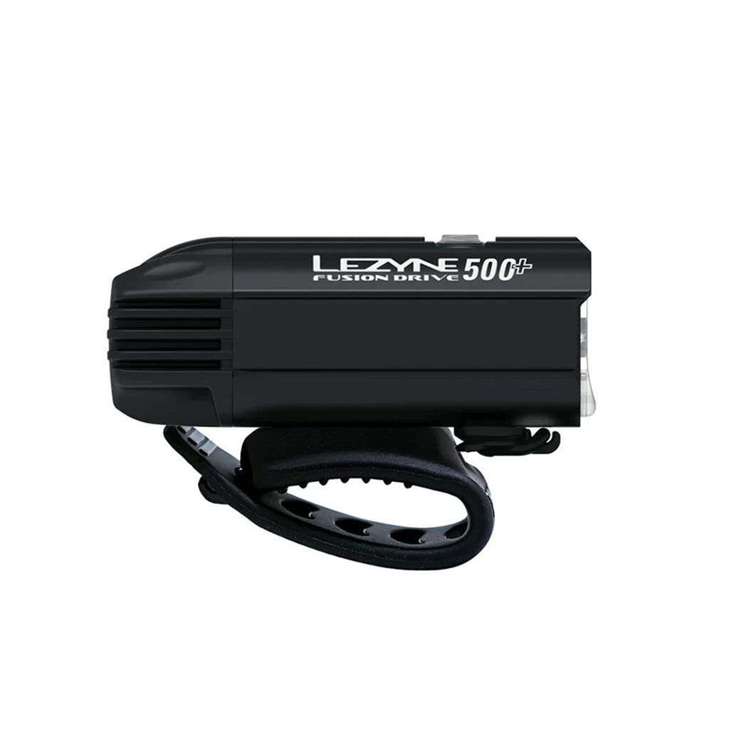 A side view of the Lezyne Fusion Drive 500+ light, highlighting the durable aluminum body and cooling fins.