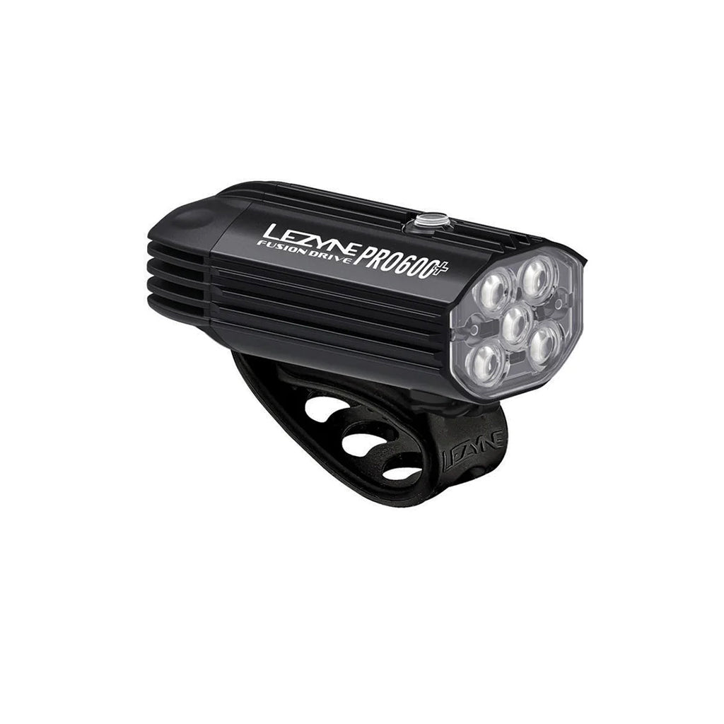A close-up of the Lezyne Fusion Drive Pro 600+ light and the qPRO Mount, highlighting their durable construction.