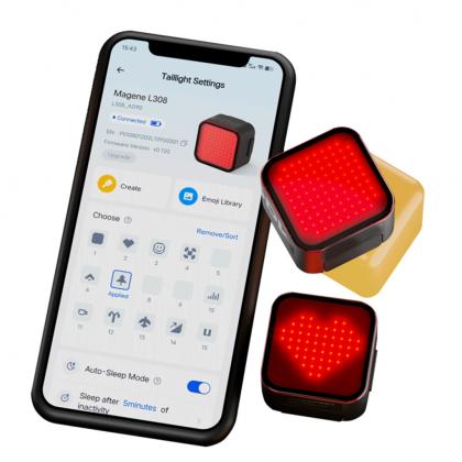 A smartphone displaying a red light alongside a box featuring a red light, showcasing the Magene L308 Intelligent Tail Light