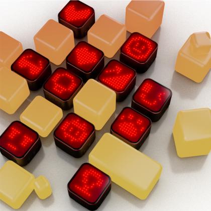 A cluster of red and orange LED lights on a white background, showcasing the Magene L308 Intelligent Expression Tail Light