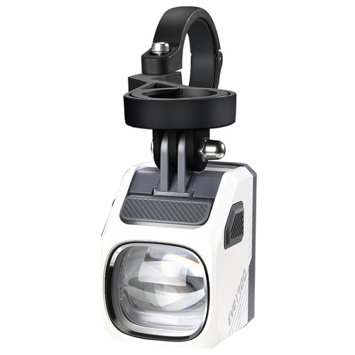A Magicshine EVO 1700 bike light is shown mounted to a handlebar, highlighting its design.