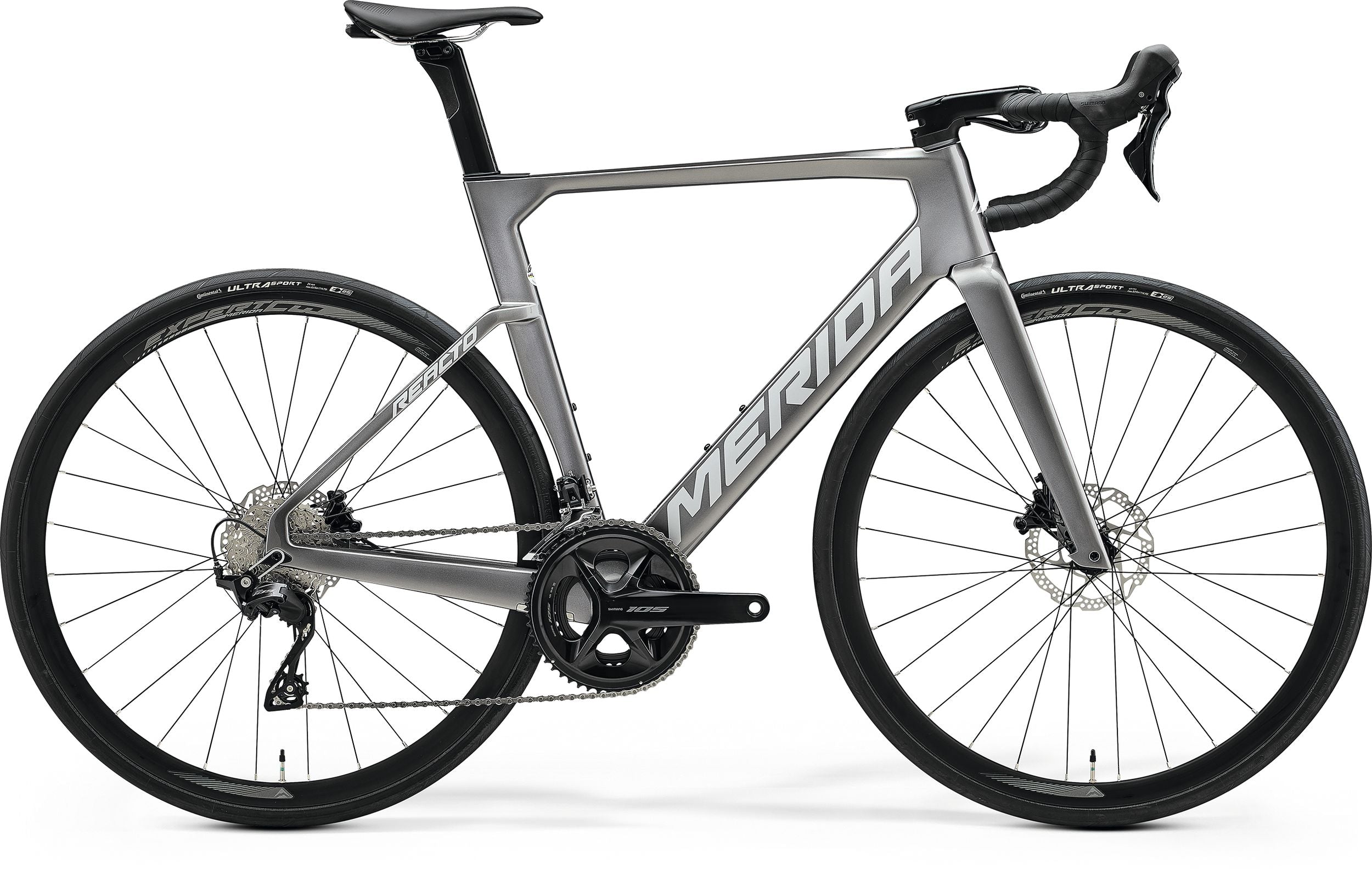 Side view of the Merida Reacto 4000 IV3, a lightweight CF3 carbon aero road bike.

