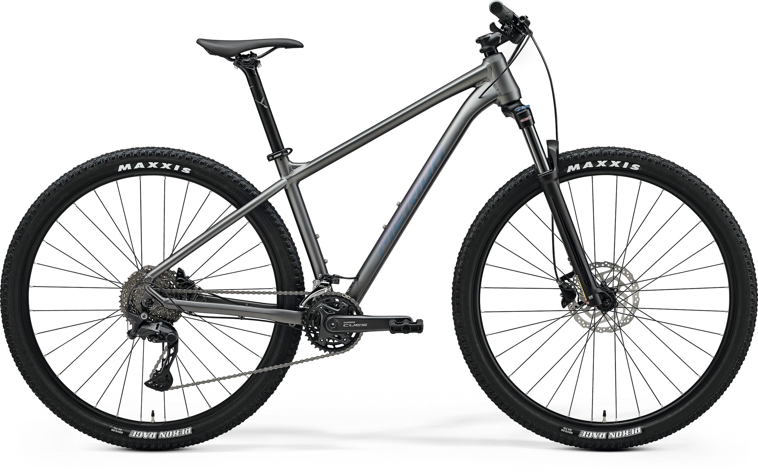 Side view of a Merida BIG.NINE 300 hardtail mountain bike with front suspension, Grey Frame and Maxxis tires.