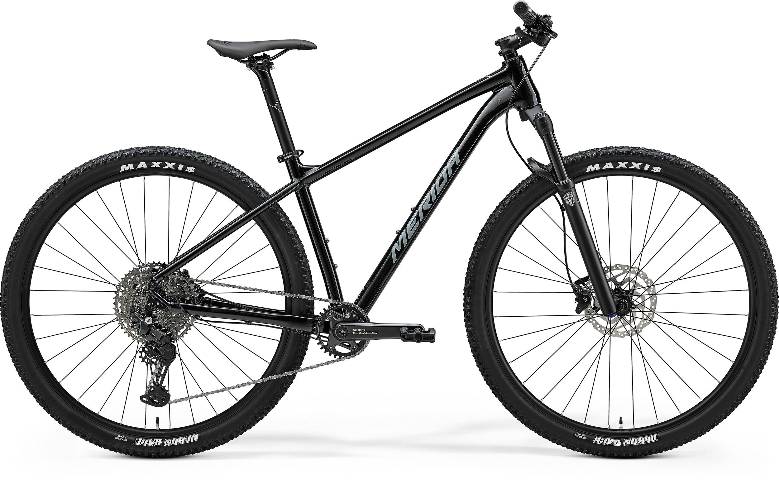 A black Merida BIG.NINE 400 hardtail mountain bike.

