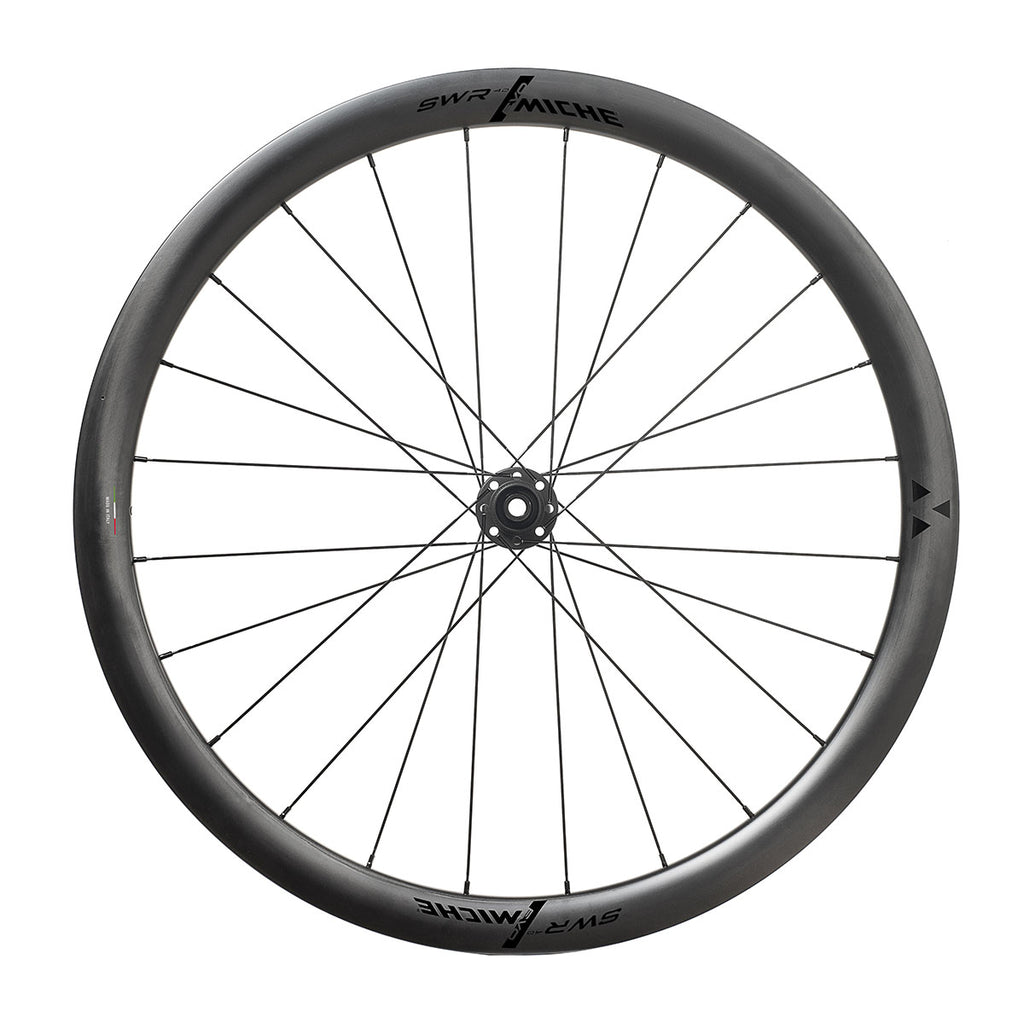 A sleek black MICHE SWR EVO 40 bicycle wheel on a white backdrop.